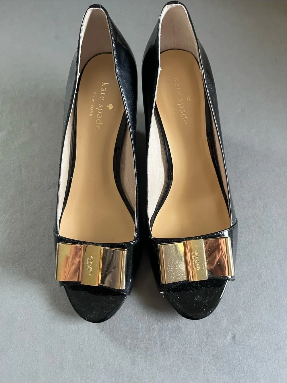 kate spade Black Patent Peep-Toe wedge with Gold Bow Accent